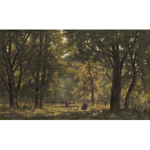 Władysław Malecki (1836 - 1900 ), Paysage forestier avec un berger et des vaches, 1881