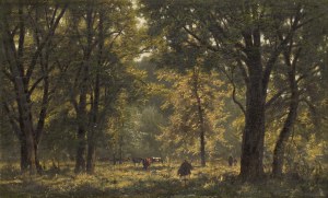 Władysław Malecki (1836 - 1900 ), Pejzaż leśny z pasterzem i krowami, 1881