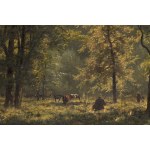 Wladyslaw Malecki (1836 - 1900 ), Forest landscape with shepherd and cows, 1881