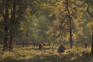 Władysław Malecki (1836 - 1900 ), Pejzaż leśny z pasterzem i krowami, 1881