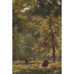 Władysław Malecki (1836 - 1900 ), Paysage forestier avec un berger et des vaches, 1881