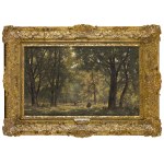 Władysław Malecki (1836 - 1900 ), Paysage forestier avec un berger et des vaches, 1881