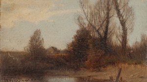 Roman Kazimierz Kochanowski (1857 Kraków - 1945 Freising, Bawaria), Krajobraz z drzewami i chatą w oddali