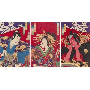 Morikawa Chikashige, Geisha e samurai dall'opera kabuki Kinkanban Tateshi no Hondana, 1880