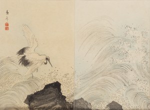 Imao Keinen (1845 - 1924), Żurawie bawiące się nad morzem, 1891