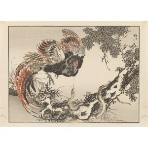 Kono Bairei (1844 - 1895), Rooster and snake from the series Bairei Gafu, 1909