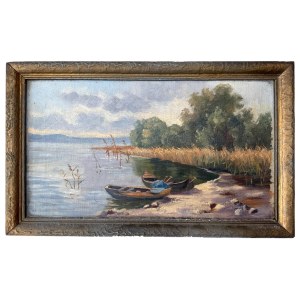 Autor nieznany, Łodzie nad brzegiem jeziora