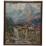 Alpine landscape with a mountain stream, hand-embroidered painting, Europe, second half of the 20th century.