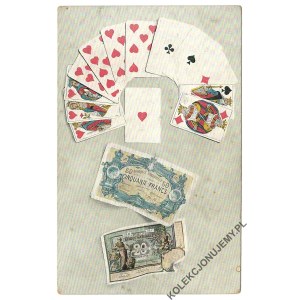 [A deck of cards. Two Belgian banknotes: 20 francs and 50 francs]