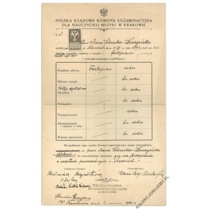 [CRACOVIE] Attestation de passage d'examen, 1921 [droit de timbre de 10 marks]