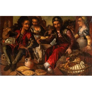 Artista fiammingo, fine XVI - inizio XVII secolo, Market scene with sellers of poultry, eggs, and bread