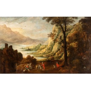 Artista fiammingo, XVII secolo, Lake landscape with figures