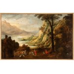Artista fiammingo, XVII secolo, Lake landscape with figures
