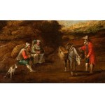 Artista fiammingo, XVII secolo, Lake landscape with figures