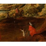 Artista fiammingo, XVII secolo, Lake landscape with figures