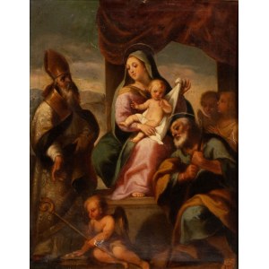 Federico Barocci (seguace di) (Urbino 1535 - 1612), Madonna with Child, St. Joseph, holy Bishop and angels