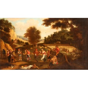 David Teniers Il Giovane (ambito di) (Anversa 1610 - Bruxelles 1690), Landscape with the wheat harvest and a peasant festival (Allegory of Summer)