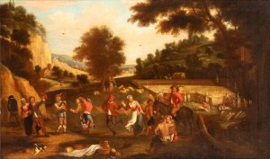 David Teniers Il Giovane (ambito di) (Anversa 1610 - Bruxelles 1690), Landscape with the wheat harvest and a peasant festival (Allegory of Summer)