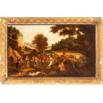 David Teniers Il Giovane (ambito di) (Anversa 1610 - Bruxelles 1690), Landscape with the wheat harvest and a peasant festival (Allegory of Summer)