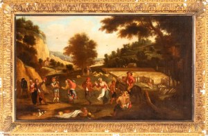 David Teniers Il Giovane (ambito di) (Anversa 1610 - Bruxelles 1690), Landscape with the wheat harvest and a peasant festival (Allegory of Summer)