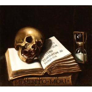 Artista italiano, XVII secolo, Vanitas with skull, books, and hourglass