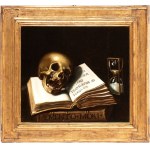 Artista italiano, XVII secolo, Vanitas with skull, books, and hourglass