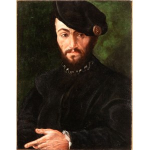 Giulio Campi (attribuito a) (Cremona 1502 - 1572), Portrait of a gentleman blck dressed with a cap