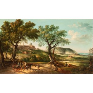 Paolo Anesi (1697 - 1773), View of Loreto with Monte Conero in the background, carriage, pilgrims, and travellers
