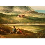 Paolo Anesi (1697 - 1773), View of Loreto with Monte Conero in the background, carriage, pilgrims, and travellers