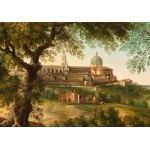 Paolo Anesi (1697 - 1773), View of Loreto with Monte Conero in the background, carriage, pilgrims, and travellers