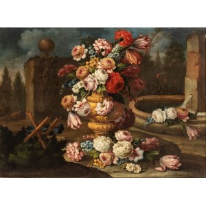 Andrea Belvedere (attribuito a) (Napoli 1652 ca. - 1732), Bouquet of flowers in a vase near a fountain