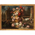 Andrea Belvedere (attribuito a) (Napoli 1652 ca. - 1732), Bouquet of flowers in a vase near a fountain