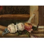 Andrea Belvedere (attribuito a) (Napoli 1652 ca. - 1732), Bouquet of flowers in a vase near a fountain