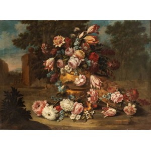 Andrea Belvedere (attribuito a) (Napoli 1652 ca. - 1732), Bouquet of flowers in a vase with a basket