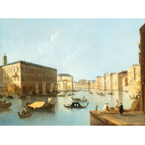 Giovanni Antonio Canal detto il Canaletto (seguace di) (Venezia 1697 - 1768), The Grand Canal from the vicinity of the Rialto Bridge