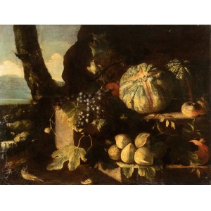 Michelangelo Pace Del Campidoglio (Roma 1610 - 1670), Still life of fruits in a landsacpe