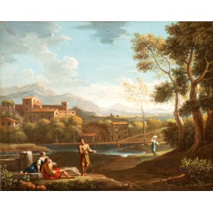 Jan Frans van Bloemen detto l'Orizzonte (attribuito a) (Anversa 1662 - Roma 1749), Landscape with figures, a stretch of water, and a town in the background