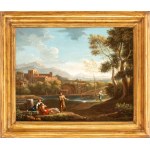 Jan Frans van Bloemen detto l'Orizzonte (attribuito a) (Anversa 1662 - Roma 1749), Landscape with figures, a stretch of water, and a town in the background