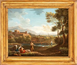 Jan Frans van Bloemen detto l'Orizzonte (attribuito a) (Anversa 1662 - Roma 1749), Landscape with figures, a stretch of water, and a town in the background