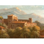 Jan Frans van Bloemen detto l'Orizzonte (attribuito a) (Anversa 1662 - Roma 1749), Landscape with figures, a stretch of water, and a town in the background