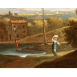 Jan Frans van Bloemen detto l'Orizzonte (attribuito a) (Anversa 1662 - Roma 1749), Landscape with figures, a stretch of water, and a town in the background