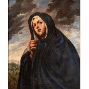 Artista spagnolo, XVII secolo, Madonna in prayer with a view of a fortified city in the background