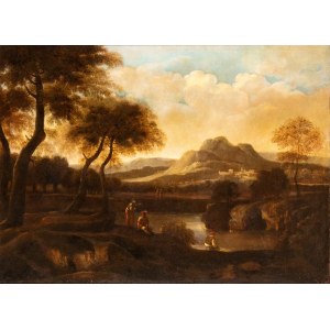 Bartolomeo Torregiani (attribuito a) (1590 - 1674 ca.), River landscape with figures and a citadel in the background
