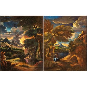 Pieter Mulier detto il Cavalier Tempesta (ambito di) (Haarlem 1637 - Milano 1701), a) Landscape with a Male Figure in a Melancholic Pose; b) Landscape with a Female Figure. Pair of paintings