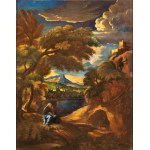 Pieter Mulier detto il Cavalier Tempesta (ambito di) (Haarlem 1637 - Milano 1701), a) Landscape with a Male Figure in a Melancholic Pose; b) Landscape with a Female Figure. Pair of paintings