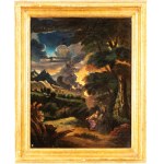 Pieter Mulier detto il Cavalier Tempesta (ambito di) (Haarlem 1637 - Milano 1701), a) Landscape with a Male Figure in a Melancholic Pose; b) Landscape with a Female Figure. Pair of paintings