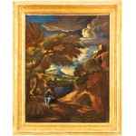 Pieter Mulier detto il Cavalier Tempesta (ambito di) (Haarlem 1637 - Milano 1701), a) Landscape with a Male Figure in a Melancholic Pose; b) Landscape with a Female Figure. Pair of paintings