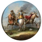 Antonio Maria Marini (cerchia di) (Venezia 1668 - 1725), a) Equestrian clash between two Turks and a Christian; b) Equestrian clash between two Christians and a Turk. Pair of paintings