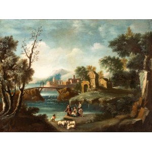 Artista attivo in Veneto, Landscape with a stream, a small waterfall, shepherds, a bridge, and a village in the background