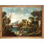 Artista attivo in Veneto, Landscape with a stream, a small waterfall, shepherds, a bridge, and a village in the background